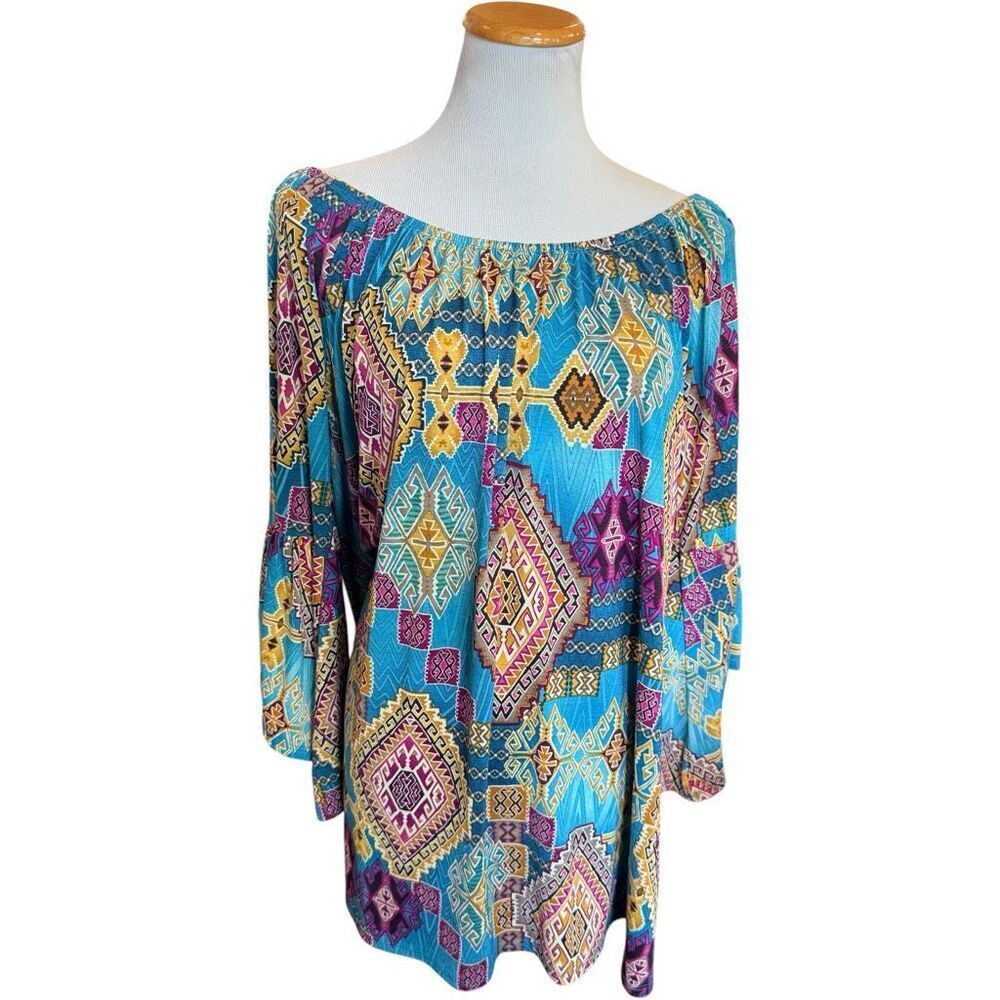 Womens Tribal Print 3/4 Bell Sleeve Flowy Off Shoulder Top Sz 2X